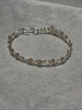 Silver Wire Weave Bracelet with Pink Bead Accents